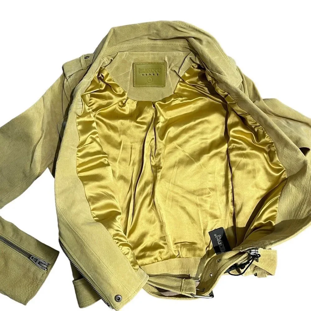 Blank‎ NYC Jacket WMNS S Yellow Suede Leather Moto Bright Colorful Statement Zip